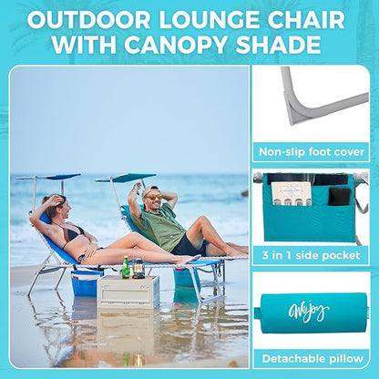 #WEJOY Folding Tanning Chair with Canopy Shade, Portable Adjustable 5-Position Patio Chaise Lounge with Pillow & Storage Pocket for Lay Flat Outdoor Lawn Backyard Beach Camping Pool (Cyan)