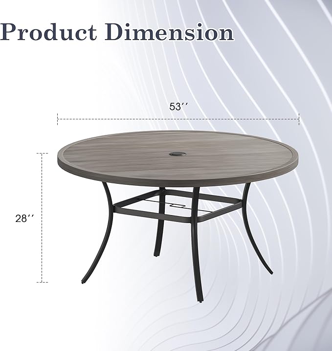 Outdoor Dining Table for 8, 53" Round Outdoor Table with Adjustable Umbrella Hole, All-Weather Metal Patio Dining Table for Lawn Garden Backyard Deck, Grey