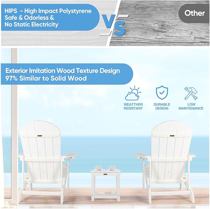Adirondack Chairs Set of 2, All Weather Resistant Plastic Chairs with Cup Holder, 5 Easy Steps to Install, Outdoor Chairs for Patio, Garden, Backyard Deck, Lawn, Fire Pit - White