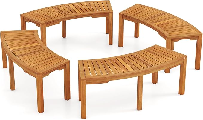 Tangkula Outdoor Curved Bench, Acacia Wood Fire Pit Bench w/Slatted Seat, Patio Backless 2-Person Seating for Porch - Photo 1