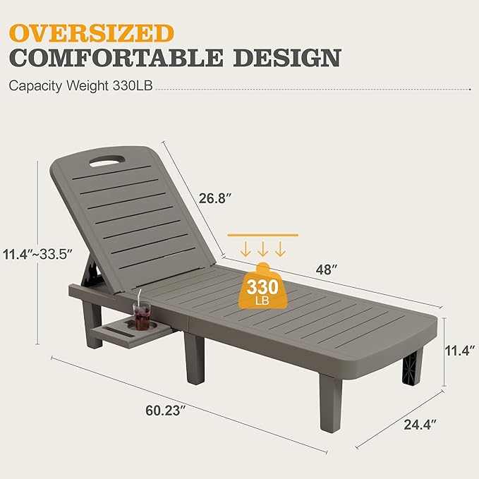 UPDATIO Outdoor Lounge Chair, Resin 5-Position Adjustable Reclining Chaise Lounge, Waterproof Patio Chairs for Pool, Beach, Lawn, and Garden