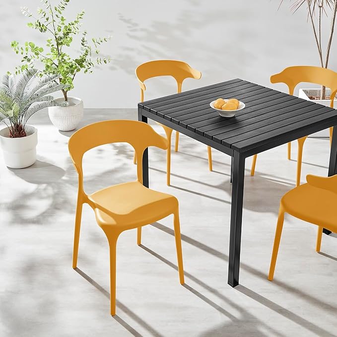 Plastic Outdoor Dining Table with Metal Legs, Weather Resistance, Home Patio Table, Restaraunt Outdoor Table, Quick Assembly (Black)