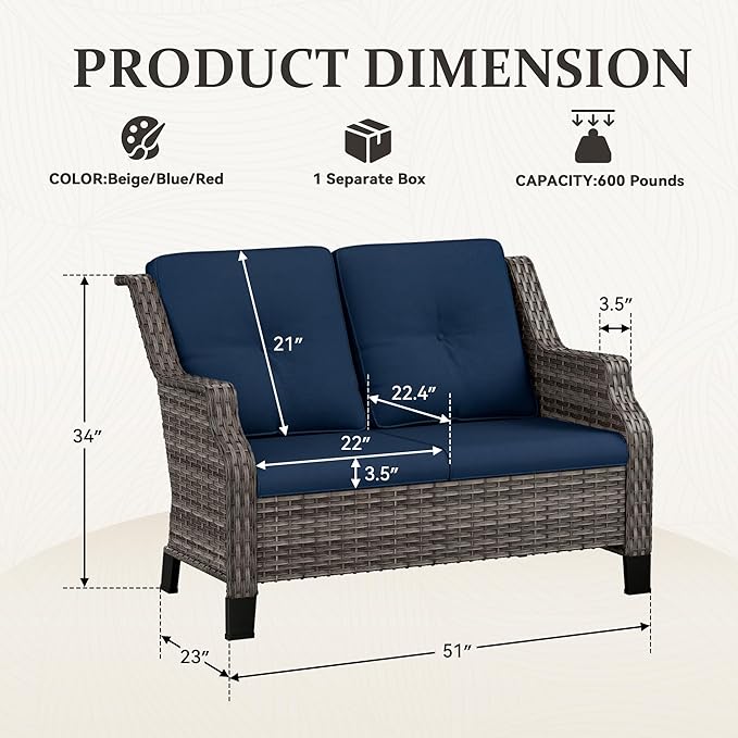 Outdoor Patio Loveseat, All-Weather 2-Seater Wicker Loveseat with Cushions, Outdoor Patio Love Seat Sofa for Garden - Photo 2