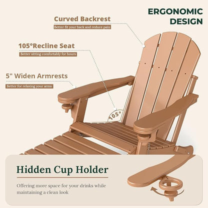 BRIOPAWS Adirondack-Chairs-with-Pull-Out-Footrest | Set of 4 | Folding | HDPE Plastic | Fire Pit Chair | All Weather | Cup Holders | Curved Back | Retractable Ottoman | for Poolside Deck | Teak
