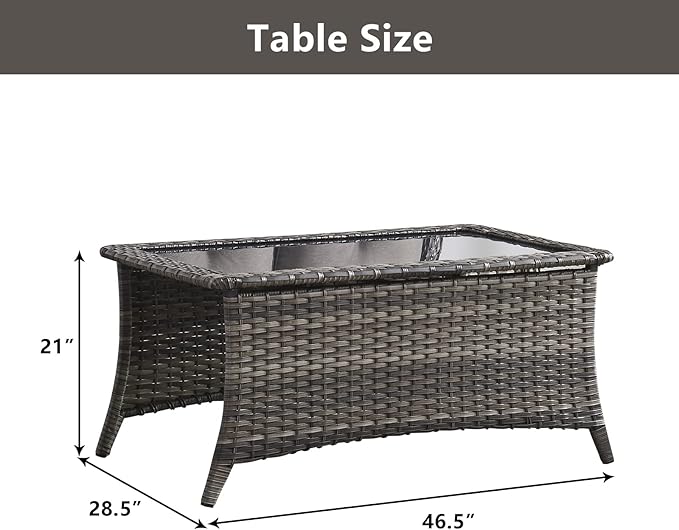 Belord Patio Coffee Table Outdoor Rectangular Glass Table, Handwoven Rattan Patio Furniture Grey Wicker Coffee Table Compatible with Patio Chairs and Sofa Sets for Backyard Sunroom Outside Lawn