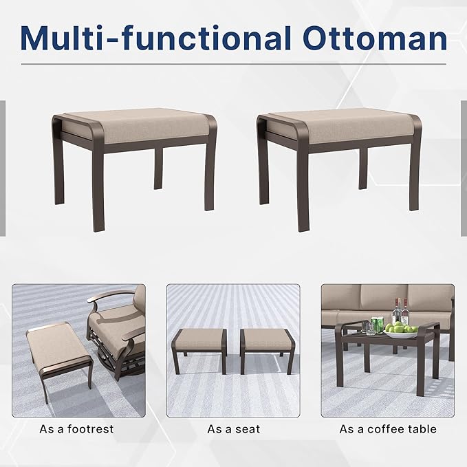 Gotland Aluminum Patio Furniture Set, Metal Outdoor Furniture with 2 Ottomans 5.1’’ High-Resilience Seat Cushions, 5 Piece Patio Set, Oversized Outdoor Sectional Patio Conversation Sets, Khaki
