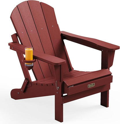 SERWALL Folding Adirondack Chair Outdoor Adirondack Chairs with Cup Holder Weather Resistant Fire Pit Chairs for Patio - Red