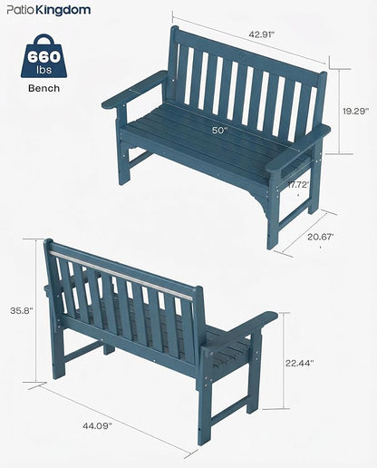 HDPE Garden Bench, All Weather 2-Person Outdoor Benches, Rust Free & Fade Resistant Patio Benches for Garden, Porch, Backyard, Deck, Lawn, Balcony, Poolside (Navy Blue, 2 Benches)