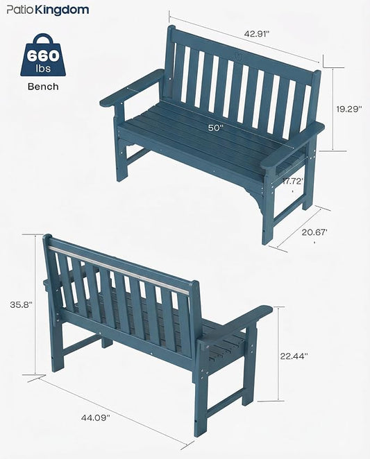 HDPE Garden Bench, All Weather 2-Person Outdoor Benches, Rust Free & Fade Resistant Patio Benches for Garden, Porch, Backyard, Deck, Lawn, Balcony, Poolside (Navy Blue, 2 Benches)