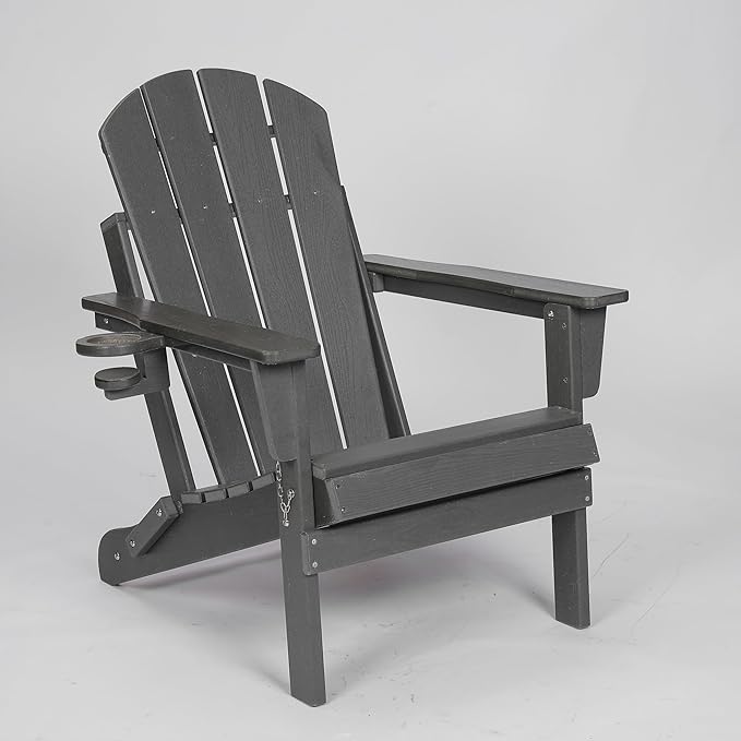 HDPE Foldable Adirondack Chair with Cup Holder Outside, Composite Outdoor Chairs with Wood Texture, Grey - Photo 6