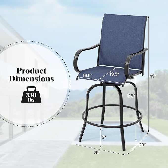 Tangkula Outdoor Swivel Bar Stools Set of 2, Bar Height Tall Patio Chairs with Armrests & High Back - Photo 3