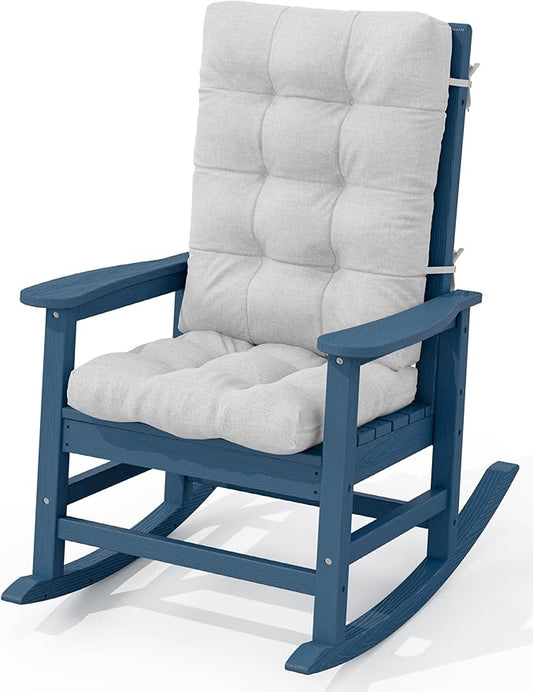 KINGYES Oversized Outdoor Rocking Chair with Cushion, All-Weather Patio Rocking Chairs, HDPE Porch Rocker for Adults, 350 lbs Capacity, Blue Chair with Grey Cushion