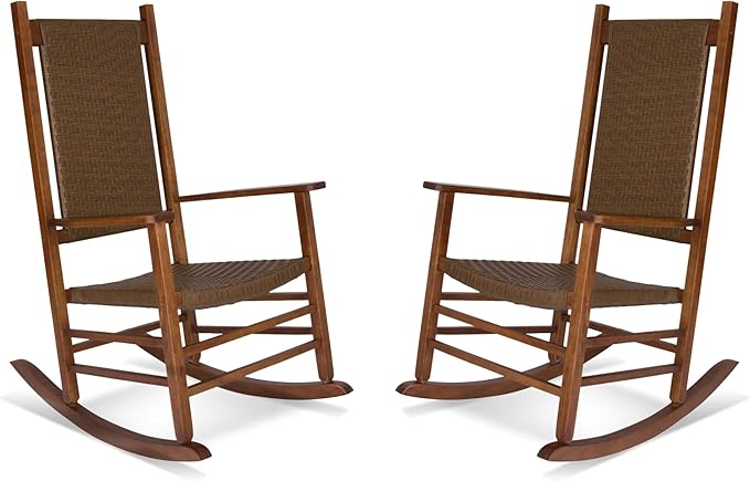 Shine Company Set of 2 Hampton Porch Rockers, High Back Wood Rocking Chairs, Rattan Backrest & Seat, 2-Pack, Oak