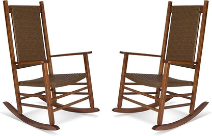 Shine Company Set of 2 Hampton Porch Rockers, High Back Wood Rocking Chairs, Rattan Backrest & Seat, 2-Pack, Oak
