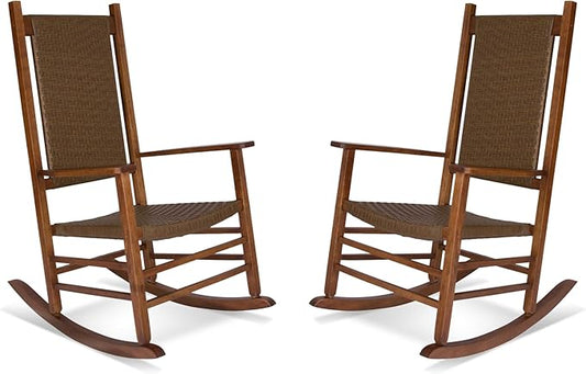 Shine Company Set of 2 Hampton Porch Rockers, High Back Wood Rocking Chairs, Rattan Backrest & Seat, 2-Pack, Oak