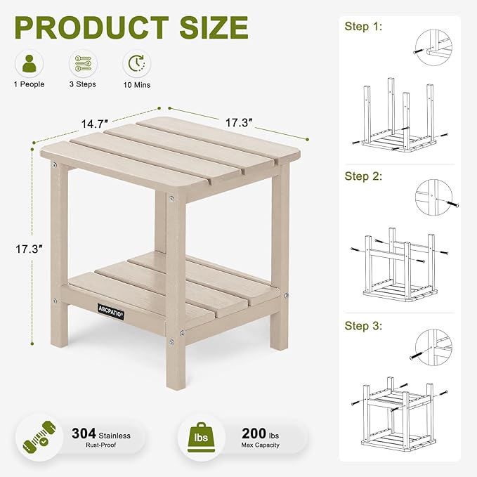 Outdoor Side Table HDPE Small Outdoor End Table Patio Side Tables Square for Backyard Pool Porch Balcony Double Layer Storage, Sand (Wood Grain Finish)