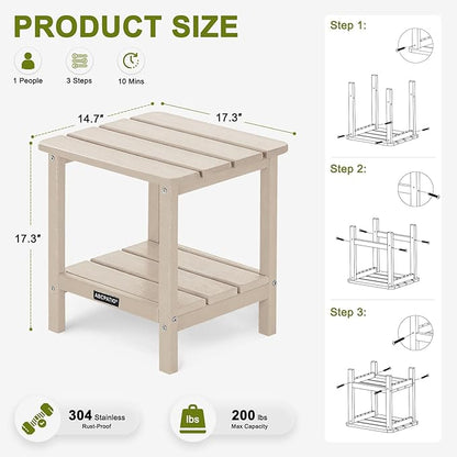 Outdoor Side Table HDPE Small Outdoor End Table Patio Side Tables Square for Backyard Pool Porch Balcony Double Layer Storage, Sand (Wood Grain Finish)