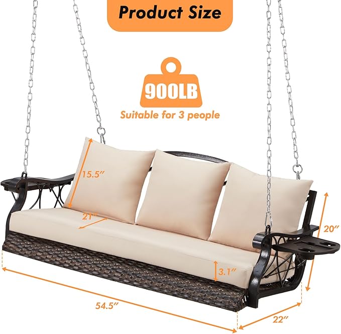 3-Person Wicker Porch Swing Chair Heavy Duty 900 LBS Outdoor Rattan Patio Swing Chair w/Cup-Holder & Steel Chains - Photo 6