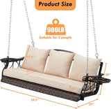 3-Person Wicker Porch Swing Chair Heavy Duty 900 LBS Outdoor Rattan Patio Swing Chair w/Cup-Holder & Steel Chains - Photo 6