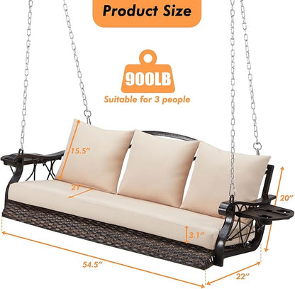 3-Person Wicker Porch Swing Chair Heavy Duty 900 LBS Outdoor Rattan Patio Swing Chair w/Cup-Holder & Steel Chains Hanging Bench Porch Swing Cushions for Deck & Backyard & Garden