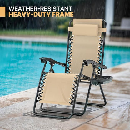 Magshion Zero Gravity Lounge Chairs Set of 2, Outdoor Patio Reclining Chair with Side Tray, Adjustable Anti-Gravity Recliners with Pillow Headrest, Folding Lounger for Lawn Camping Beach, Cream