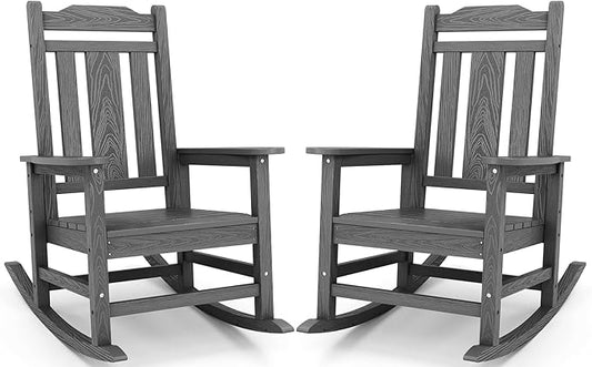 SERWALL Oversized Rocking Chair Set of 2 Outdoor, HDPE Outdoor Rocking Chair Set of 2, Grey