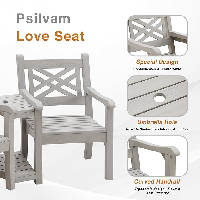 Psilvam Patio Furniture, All-Weather Poly Lumber Outdoor Loveseat, 2-Seater Outdoor Chair with Center Table & Umbrella Hole, Waterproof Accent Chairs Suitable for Lawn, Garden, Terrace (Grey)