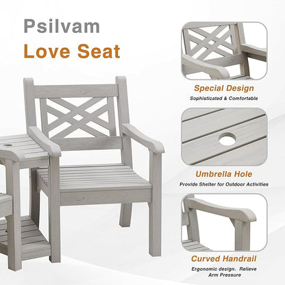 Psilvam Patio Furniture, All-Weather Poly Lumber Outdoor Loveseat, 2-Seater Outdoor Chair with Center Table & Umbrella Hole, Waterproof Accent Chairs Suitable for Lawn, Garden, Terrace (Grey)