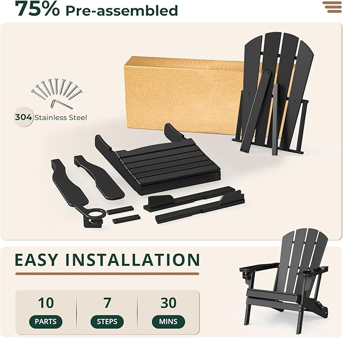 BRIOPAWS Folding-Adirondack-Chairs Set of 2 | HDPE Plastic | Fire Pit Chair | Cup Holder | Curved Back | All Weather| for Outdoor Backyard Deck Patio | Black
