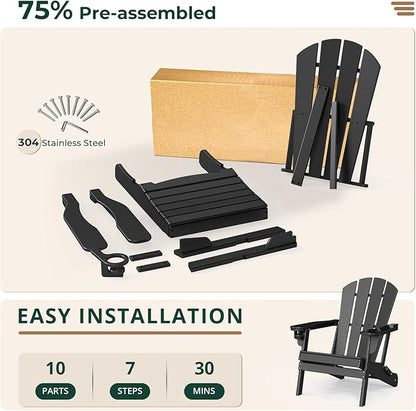 BRIOPAWS Folding-Adirondack-Chairs Set of 4 | HDPE Plastic | Fire Pit Chair | Cup Holder | Curved Back | All Weather | for Outdoor Backyard Deck Patio | Black
