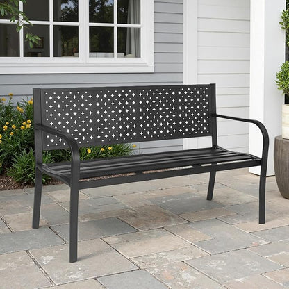 BODIOO Patio Metal Garden Bench Outdoor Park Benches, Iron Steel Frame Chair Mesh Pattern 500 lbs - Park Yard Front Porch Bench Path Yard Outside Lawn Decor Deck Furniture, Black