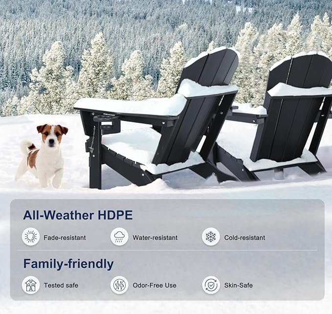 Adirondack Chair with Ottoman | Folding | Outdoor Patio Chair with Removable Footrest | HDPE Plastic All-Weather Resistant | Cup Holder | for Backyard and Garden | Matte Black
