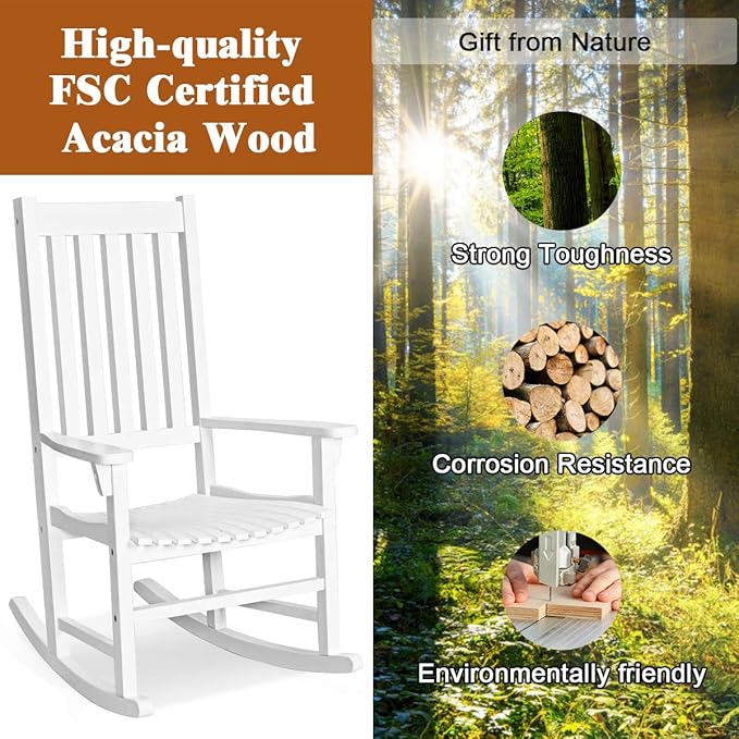 Giantex Rocking Chair Acacia Wood Frame, Porch Rocker Outdoor& Indoor for Garden, Lawn, Balcony, Backyard and Patio Porch Rocker (2, White)