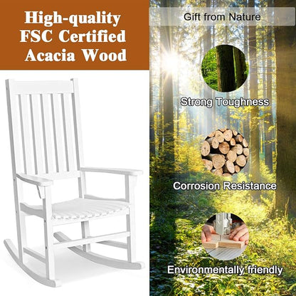 Giantex Rocking Chair Acacia Wood Frame, Porch Rocker Outdoor& Indoor for Garden, Lawn, Balcony, Backyard and Patio Porch Rocker (2, White)