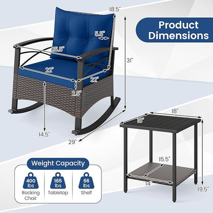 ORALNER 3-Piece Wicker Rocking Chair Set, Outdoor Cushioned Rocker and Acacia Wood Side Table, 400lbs Capacity, PE Rattan Patio Conversation Bistro Set for Porch, Garden, Deck, Poolside, Yard (Navy)