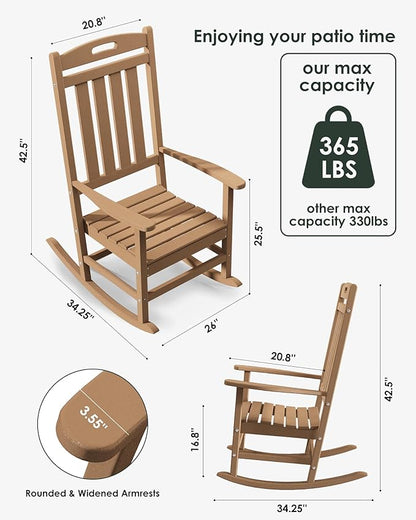 Outdoor Rocking Chair, All-Weather Resistant Poly Lumber Rocker Chair Outdoor, High Back Plastic Patio Rocking Chairs for Outside Porch Rocker Garden Lawn, Weather Wood