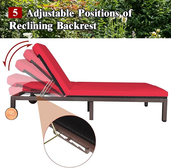 DORTALA 2-Person Patio Rattan Recliner Chair W/Wheels & Cushion, Double Wicker Daybed Chaise Lounge Chair with Adjustable Backrest, Outdoor Furniture Conversation Set for Garden Lawn, Red