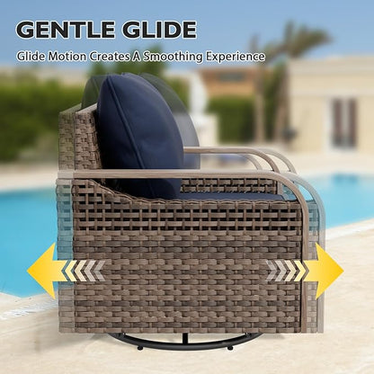 EAGLE PEAK Modern Wicker Outdoor Glider Rocking Chair, Swivel Rocker, Rattan Patio Furniture for Yard Deck Porch Garden, 2 Chairs, Brown/Blue