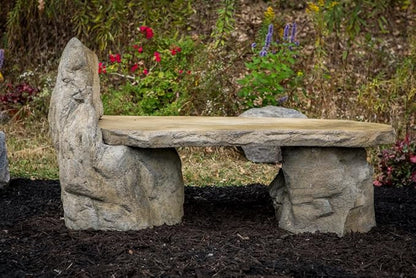 Athena Garden Basalt Stone Boulder Bench with Back, Cast Stone Rustic Lounge Bench, Outdoor Garden Patio Bench, 3 Piece Hand Sculpted Rock Garden Bench Outdoor Decor