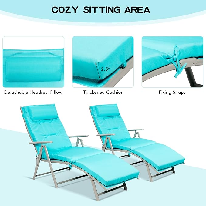 Giantex Chaise Lounge Chair for Outside, Pool Folding Reclining Beach Chair W/Removable Cushion&Headrest Pillow, Outdoor Lounge Chaise w/ 7 Backrest Positions, Portable Patio Lounger (1, Turquoise)
