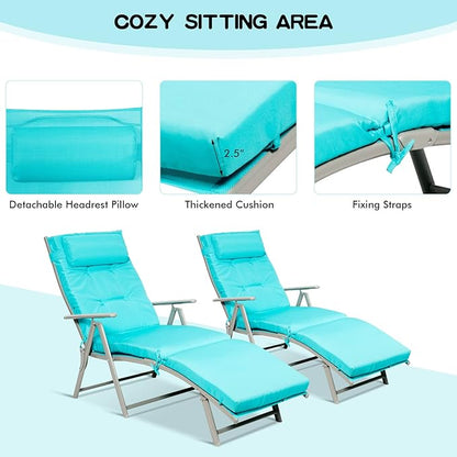 Giantex Chaise Lounge Chair for Outside, Pool Folding Reclining Beach Chair W/Removable Cushion&Headrest Pillow, Outdoor Lounge Chaise w/ 7 Backrest Positions, Portable Patio Lounger (1, Turquoise)