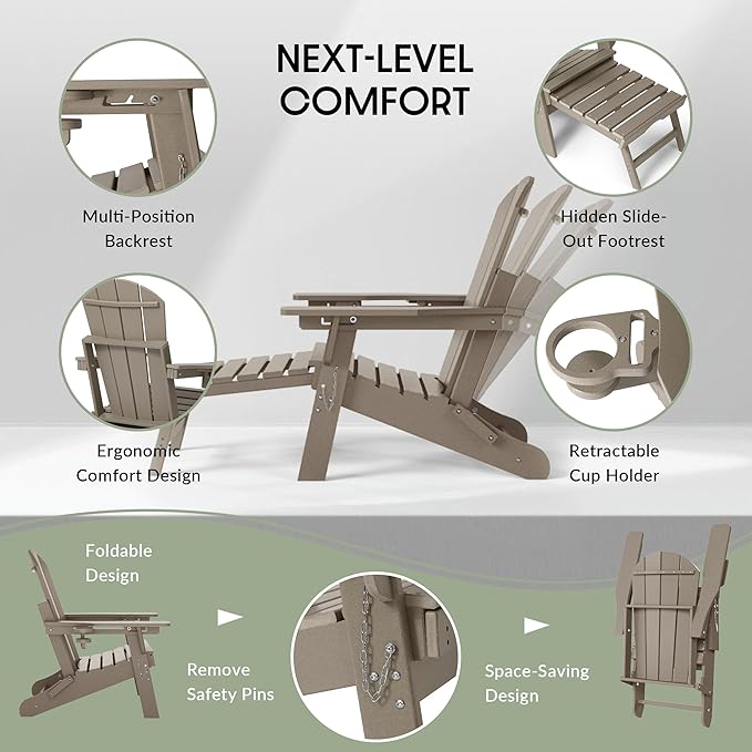 WestinTrends Malibu Folding Adjustable Adirondack Chair with Retractable Ottoman and Cup Holder, Weathered Wood