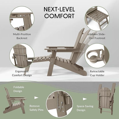 WestinTrends Malibu Folding Adjustable Adirondack Chair with Retractable Ottoman and Cup Holder, Weathered Wood