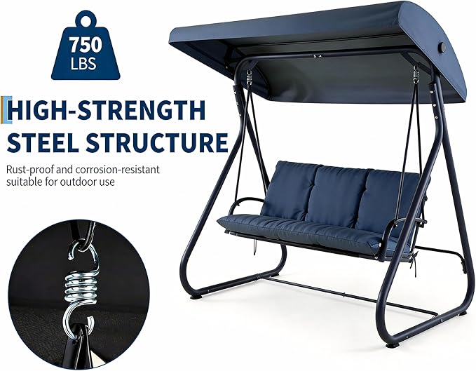 3-Seat Outdoor Convertible Swing Glider with Adjustable Canopy, 2-in-1 Bench to Flat Bed, Removable Cushions - Photo 4