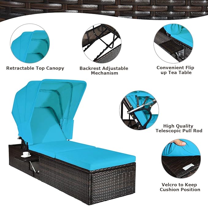 Tangkula Outdoor Chaise Lounge Chair with Folding Canopy, Adjustable Cushioned Reclining Chair with Flip-up Tea Table, Rattan Sun Lounger for Beach Poolside Backyard Balcony Porch (1, Turquoise)