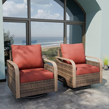 Modern Wicker Outdoor Swivel Rocking Chairs, Rattan Glider Rocker Chairs Patio Furniture for Backyard, Deck, Porch, Garden, 2 Pieces, Brown/Red