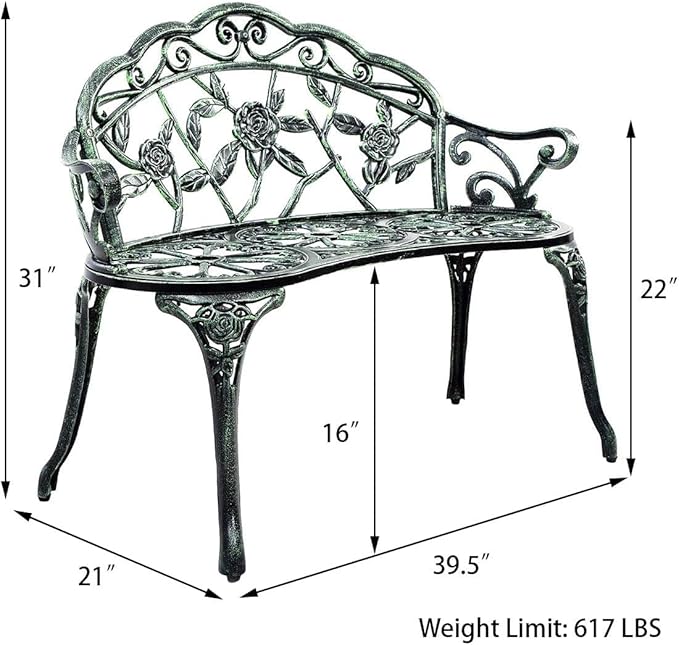 Patio Outdoor Park Loveseat Bench for Garden Porch Deck Made Cast Iron Anti-Rust Aluminum Metal, 2-3 Seater (38.5" Inch Aluminum Outdoor Rose Green Bench)
