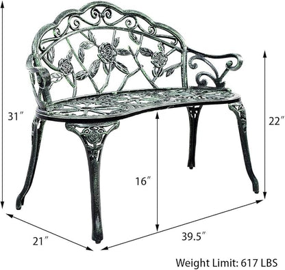 Patio Outdoor Park Loveseat Bench for Garden Porch Deck Made Cast Iron Anti-Rust Aluminum Metal, 2-3 Seater (38.5" Inch Aluminum Outdoor Rose Green Bench)