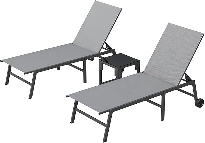 UDPATIO Patio Lounge Chair with Wheels 2 Pieces Outdoor Chaise Lounge with Side Table 5 Adjustable Position Recliner for Patio, Beach, Yard, Pool