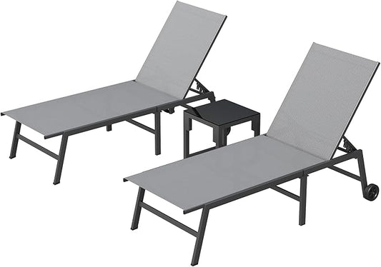 UDPATIO Patio Lounge Chair with Wheels 2 Pieces Outdoor Chaise Lounge with Side Table 5 Adjustable Position Recliner for Patio, Beach, Yard, Pool